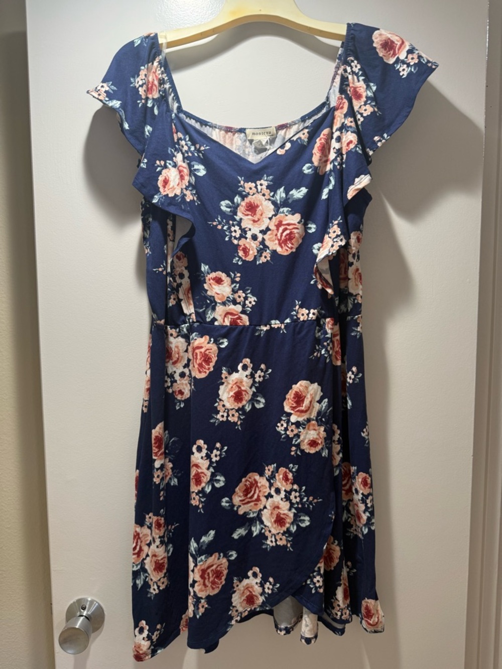 Monteau 2x Navy Floral Wrap Dress super soft and stretchy flutter sleeves
